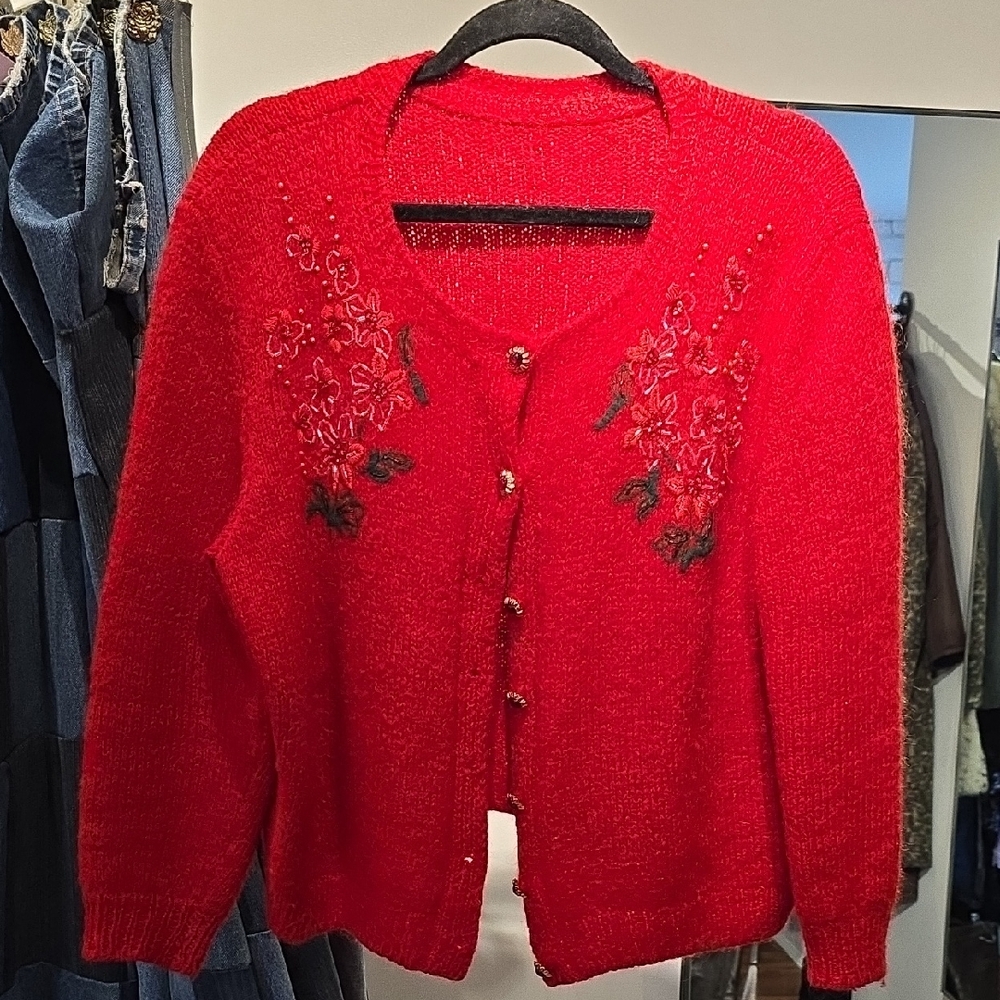 Vintage hand made Red Women's Sweater cardigan crew neck with fancy buttons